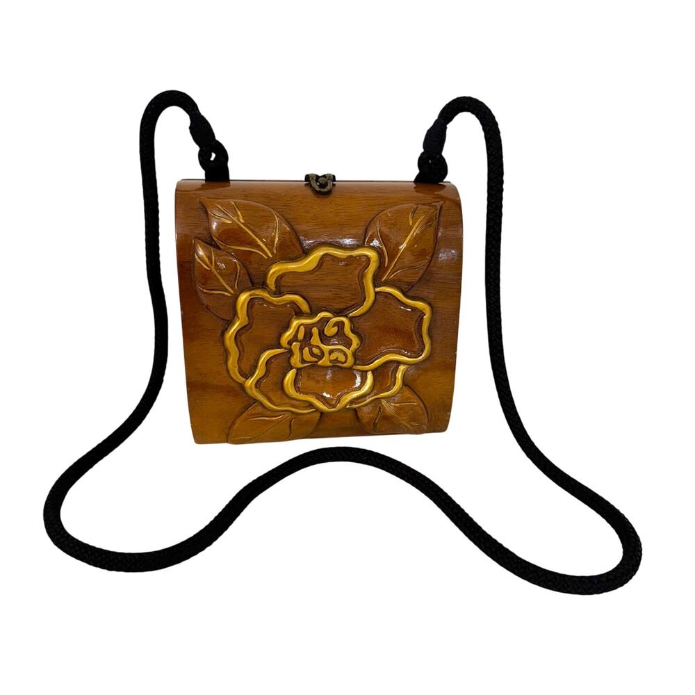 Carved Wooden Floral Crossbody Bag in Brown